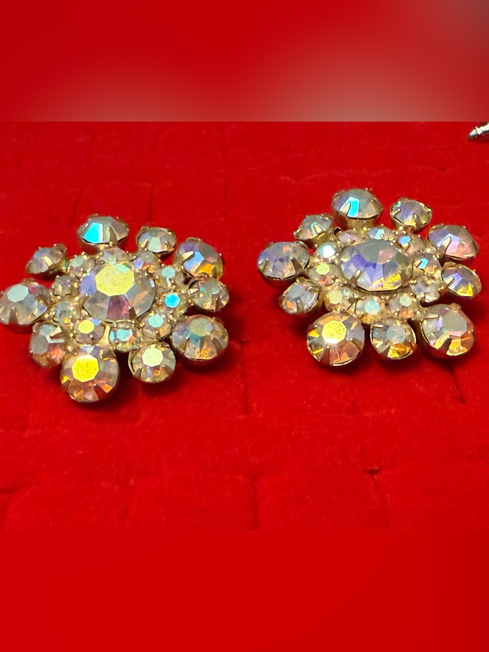 Vintage Pat. Pend Stamped AB Aurora Bor Crystal Flower Stud Earrings Iridescent